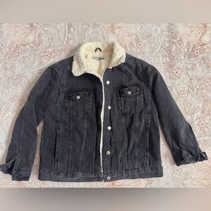 Topshop Washed Black / Grey Denim Jacket with Cream Sherpa Lining